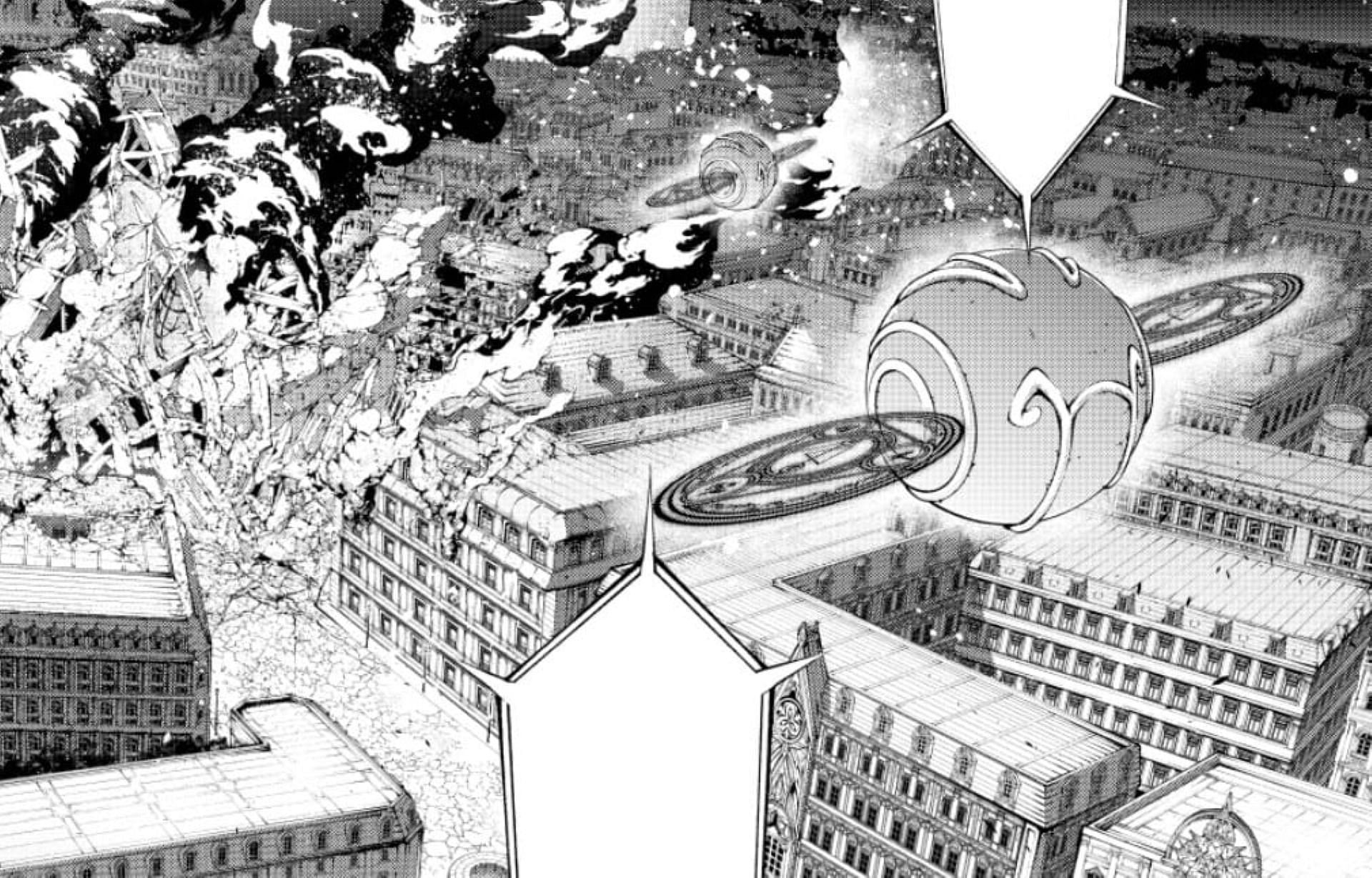 The tower gets attacked by Charles's explosion, as seen in the chapter (Image via Kodansha)